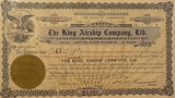 A Rare King Airship Co. of Washington, USA, an Original & Historic, One Share Stock Certificate, Signed and Dated 7th August 1920