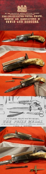 An Intriguing, Beautiful, Rare & Very Collectable 'Gadget Pistol' by James Rodgers of Sheffield. A Remarkable, Original 19th Century Knife-Pistol, Early Percussion Model 1838