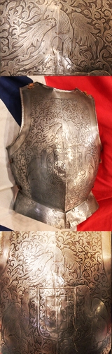 A Superb Antique Historismus Armour Breastplate Stunningly Etched With Heraldic Beasts, The Form of Armour Worn by Conquistadors Officers and Commanders.