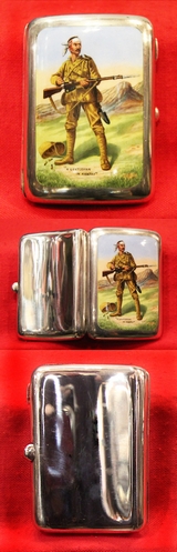 Fabulous Solid Silver & Enamel, Cigarette Case of Rudyard Kipling’s, Richard Caton Woodville’s and Sir Arthur Sullivan’s  Boer War Soldier’s Relief Fund. ‘The Absent Minded Beggar, A Gentleman in Kharki. By Victorian Silversmiths Saunders & Shepherd