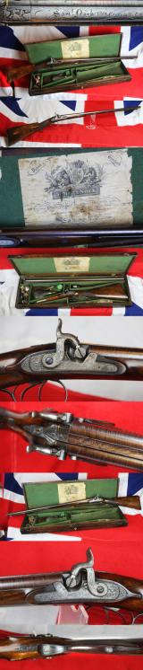 A Fabulous Quality King George IIIrd Cased Double Barrel Sporting Gun By World Renowned Gunsmith S.Nock, Early Transitional Flintlock To Percussion