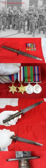 An Original No 4 Commando Veteran's WW2 Fairbairn Sykes Third Pattern Commando Knife With Companion Miniature Medal Group
