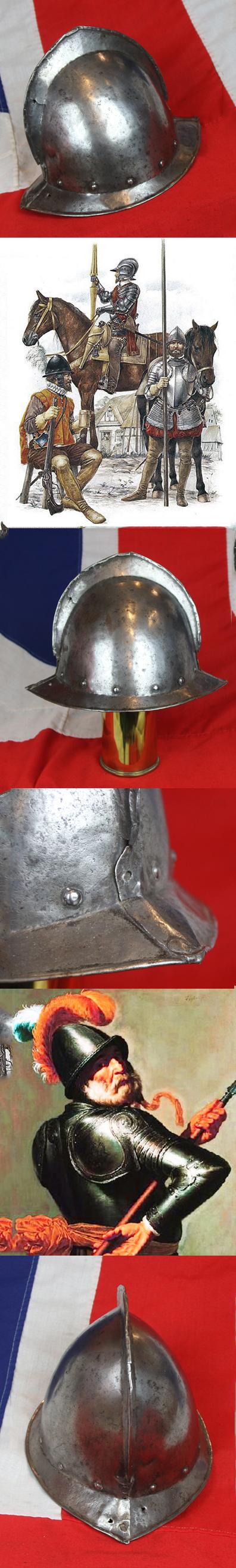 A Most Scarce, Original, Early 17th Century English Civil War Infantry Musketeer's or Pikeman's Comb Morion Helmet