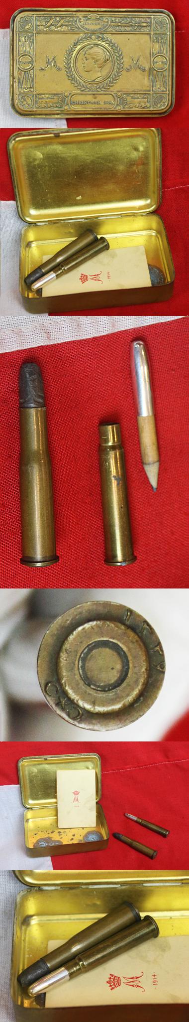 An Officer Issue Princess Mary Christmas Box, With Officer's Silver Pencil, in Bullet Form, with Princes Mary Card & Gallipoli Souvenir Turkish Rifle Bullet