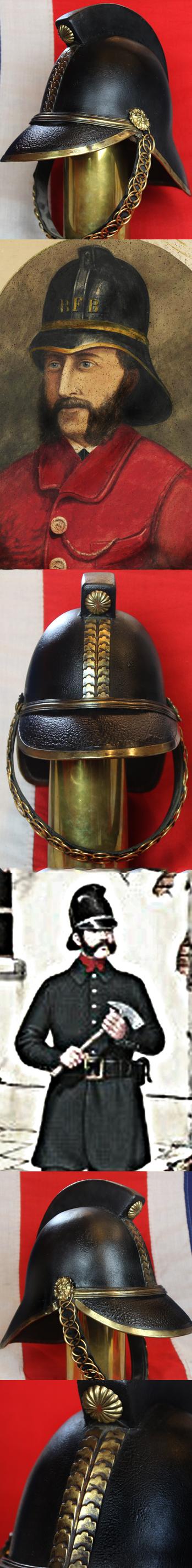 NOW SOLD A Very Good and Scarce Antique Victorian to Edwardian Leather and Brass Fire Helmet probably by the Merryweather Helmet Co.