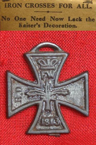 A Scarce WW1 British Propaganda 1813 Iron Cross. Stamped R.D, to Front.