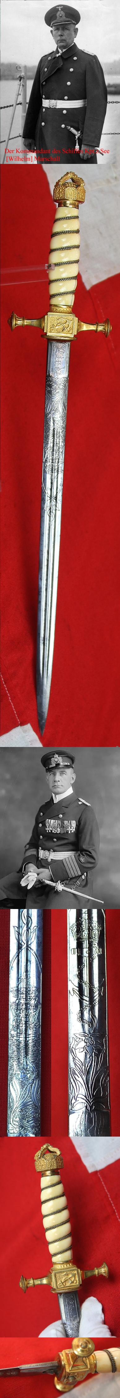 Imperial German Reichmarine Naval Officer's Dagger From Kiel With Long, Deluxe Damascus 'Maiden Hair' Sailing Ship Blade