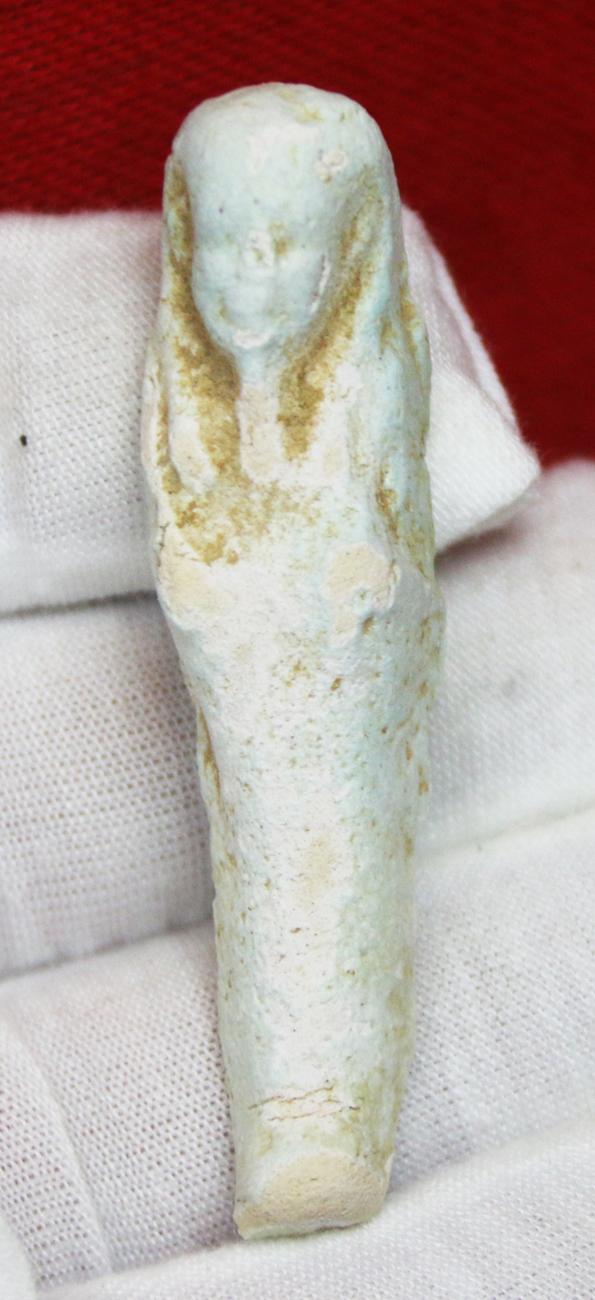 An Original Ancient Egyptian Shabti, The Afterlife Servant of The Mummy, Partial Blue-Glazed Faience 664 to 332 BC