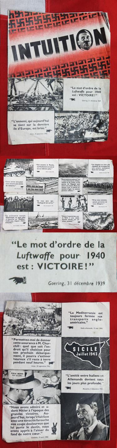 A Superb Condition and Very Rare WW2 1943 Published Nazi & Vichy-French Propaganda Leaflet, Titled INTUITION With Swastikas and Portrait Photo of Adolf Hitler. Four Pages, Folded