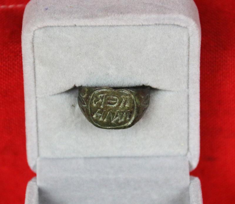 A Beautiful, Original, Large Size Roman Empire Bronze Seal Ring With The Engraved Fulminata of Julius Caeser's XIIth Legion & Ancient Greek Script