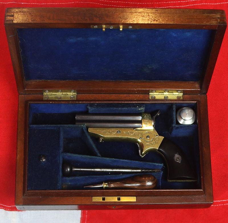 Very Early Production, Factory Engraved & Cased, Sharps 4 Shot Derringer Pistol with Tools in Its Superb Walnut Case, Serial Number 52