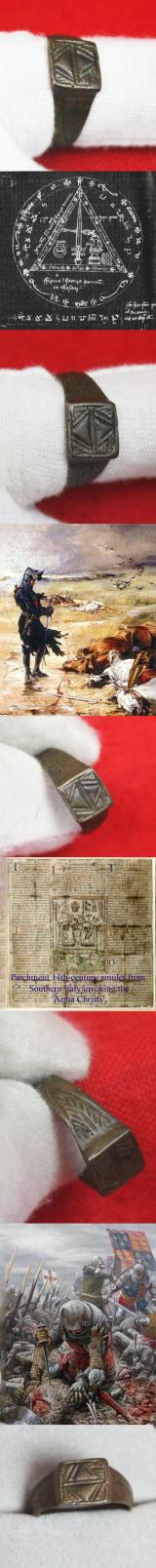 A Wondrous & Incredibly Rare 14th Century Bronze Talismanic, Magical or Mystical Knights Ring. Grand Tour Recovery From Agincourt. Featuring Twin Triangles of the Holy Trinity & the World, the Flesh, and The Devil