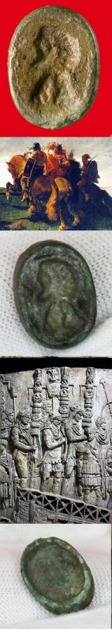 1st 2nd Century Romano British Ellipsoid Glass Ring Mount Depicting the Impressed Head of the Sky God of Thunder Taranis {Roman,Jupiter} or Mithras {Roman, Mars} Of the East of England Mithraic Cult. From the Era of 'King' Caratacus