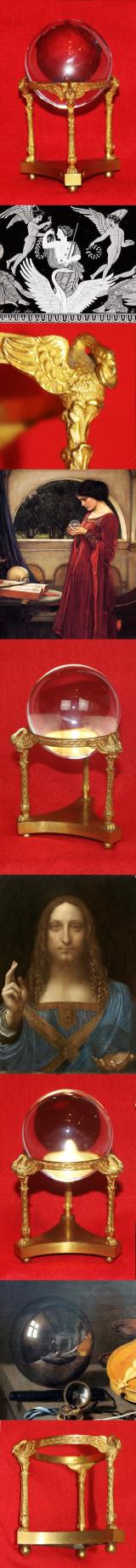 A Mid 19th Century, French IInd Empire,1850 Crystal Witch Ball Scrying Glass On A Fabulous, Ormolu, Triple Aphrodite's Swan Stand. A Most Intriguing Classic Antique Collector's Item Of The Esoteric Mystical Arts and Occultism