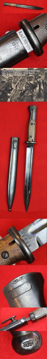 A Superb Fully Blued Early War Period K98k German Mauser K98 Rifle Bayonet, By EF Horster Dated 1940, Matching Scabbard and Bayonet. Possibly the Best, Original, Used in Service Condition, Early War, K98 Bayonet With Matching Scabbard Available Today