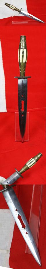 A Very Good, Antique Decorated Spanish Antique Albacete Fighting Knife, aka The Albacete Knife Plug Bayonet. With Pieced Blade & Dot Punched Decoration With A Brass and Carved Bone Hilt