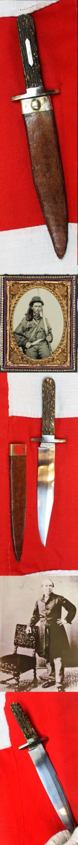 Superb & Incredibly Sought After, US Pre-Civil War Staghorn Antler Gripped Bowie Knife, London Made By Joseph Buck, Freeman of The City of London Circa 1830's. German Silver Crossguard & Hilt Panel. With Its Original German Silver Mounted Brown Scabbard