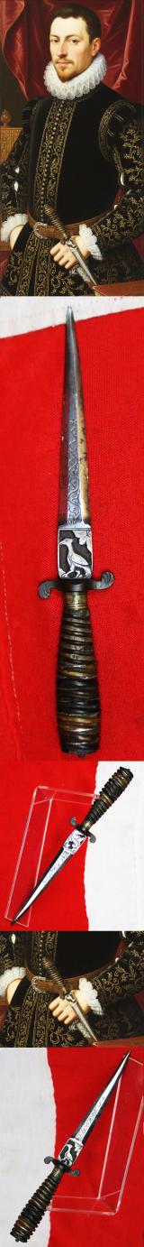 Italian Hunting Dagger, Republic of Genoa, Ligurian 17th - 18th Century. Spiral Twist Carved Multi Coloured Horn with Silver Inserts. Blade with Baluster Shaped Forte Of  A Finely Engraved Ricasso, Two Symmetrical Edges To The Tip.