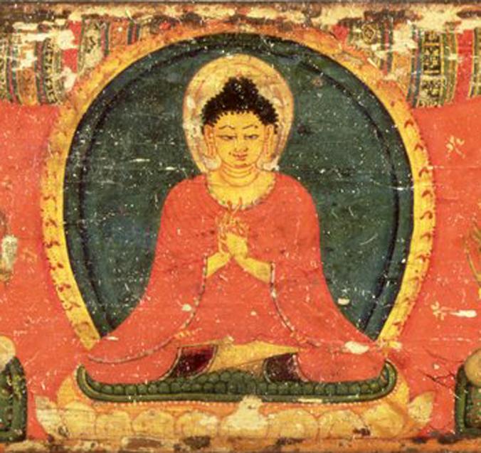 A Most Interesting & Unusual Form of Antique Tibetan Buddhist Large Dagger-Short Sword. A Dpa'dam. Decorated With Repousse Dragon and Buddha, Seated in the Padmasana Pose, in Dhyana Mudra, With Mandorla, a Coral Stone Bead Inset & Unalome Spiral Sun