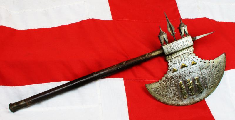 An Amazing, Huge, Antique Indian Ceremonial Steel Tabar Axe Inlaid in Brass, With Scene of Krishna & Temple Decor. Massive Crescentric Blade and Spike End, And Steel Chhajjas