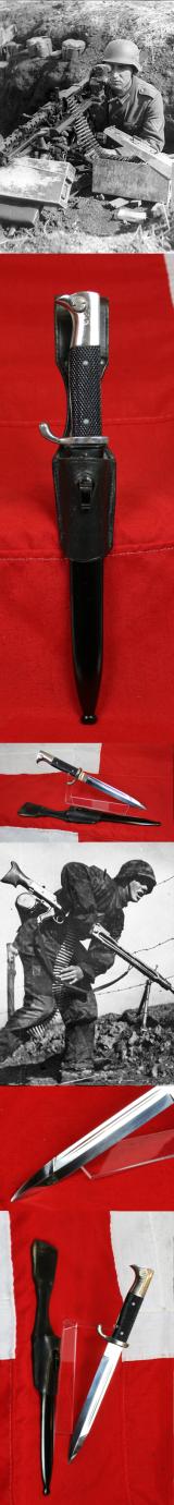 A Near Mint WW2 Third Reich German Machinegunners Close Combat Knife / Bayonet For Heer & Waffen SS, Complete With Its Original Frog Belt Mount Also In Near Mint Condition