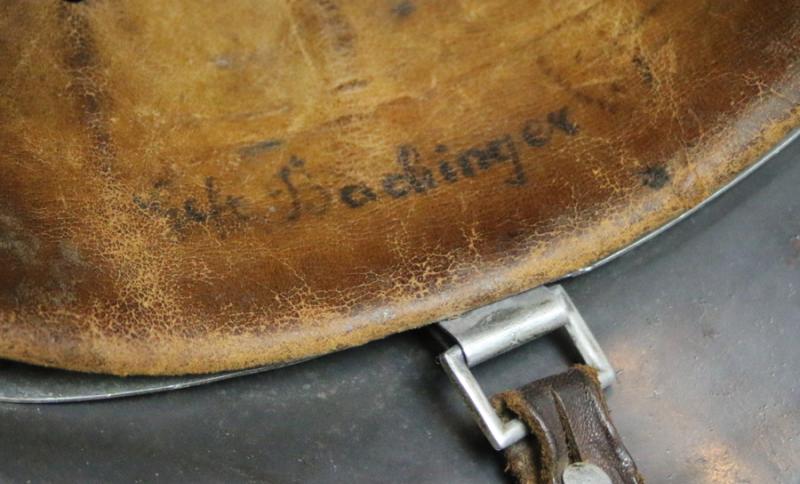 A Most Scarce & Collectable 1935 Issue WW2 Luftwaffe Combat Helmet M35 NS62 Single Decal But Only Partialy Visible. Stamped Batch Number D128. with Original Liner And Partial Chin Strap