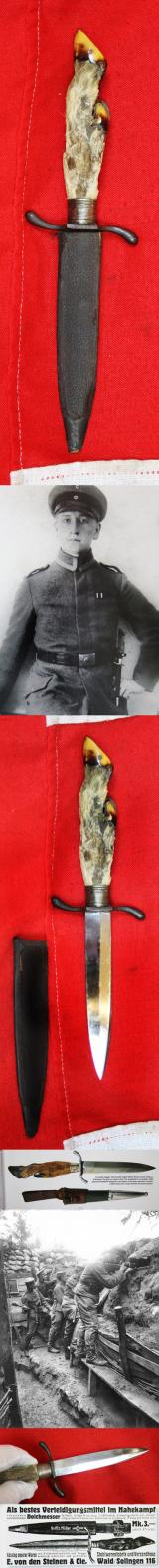 A Superb WW1 Imperial German Deluxe Officer's Deerhoof Trench Knife Nahkampfmesser Aciers Superfin. Blade Also Bears Small Crowned Inspection Stamp. Souvenir From The Battle of The Somme