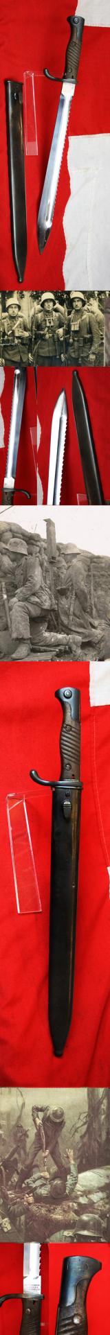 Exceptional German WW1 Mauser, S98/05 S or m.S.'Sawback' Bayonet  By Mauser. Maker Stamped  Waffenfabrik Mauser Obendorf, In Its Original Matching Maker Marked Scabbard. Only 6% Of The Mauser Bayonets Were Fitted With Sawback, and 99.9% Of Those Removed