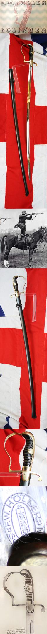 WW2 F.W. Höller (FW Holler) of Solingen, Germany German Third Reich NCO/Officer's Dove Head Cavalry Sword. Gilt Hilt With Original Multi Wire Binding Over Celluloid Grip. With Stunning, Near Mint, Mirror Bright Blade and Blued Steel, Dent Free Scabbard