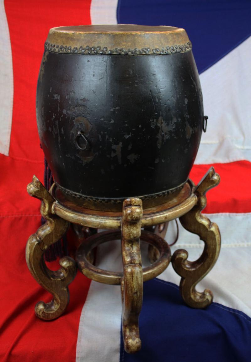 An Original, Edo Period, Antique Samurai Taiko War Drum, { Nagado-Daiko} For The Playing Of Samurai Taiko Battle Music. Wooden Barrel With Two Hides One Stamped with Square Kanji Seal. Set Upon Its 5 Legged Stand