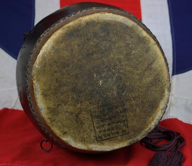 An Original, Edo Period, Antique Samurai Taiko War Drum, { Nagado-Daiko} For The Playing Of Samurai Taiko Battle Music. Wooden Barrel With Two Hides One Stamped with Square Kanji Seal. Set Upon Its 5 Legged Stand