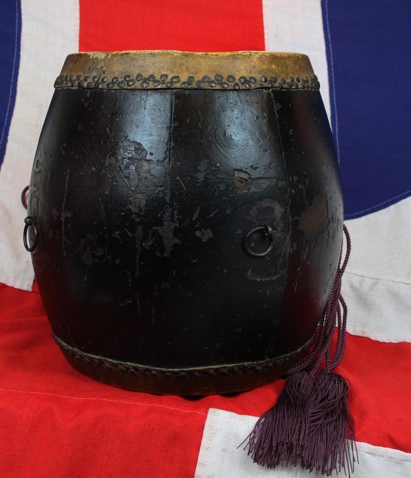 An Original, Edo Period, Antique Samurai Taiko War Drum, { Nagado-Daiko} For The Playing Of Samurai Taiko Battle Music. Wooden Barrel With Two Hides One Stamped with Square Kanji Seal. Set Upon Its 5 Legged Stand