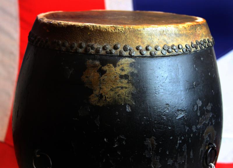 An Original, Edo Period, Antique Samurai Taiko War Drum, { Nagado-Daiko} For The Playing Of Samurai Taiko Battle Music. Wooden Barrel With Two Hides One Stamped with Square Kanji Seal. Set Upon Its 5 Legged Stand