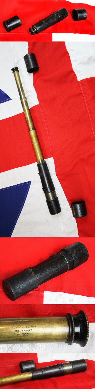 Aitchison of London, Early 19th Century Antique Three Draw Military Telescope with Leather Body Cover and Fore and Aft Covers in Leather