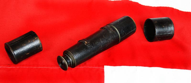 Aitchison of London, Early 19th Century Antique Three Draw Military Telescope with Leather Body Cover and Fore and Aft Covers in Leather
