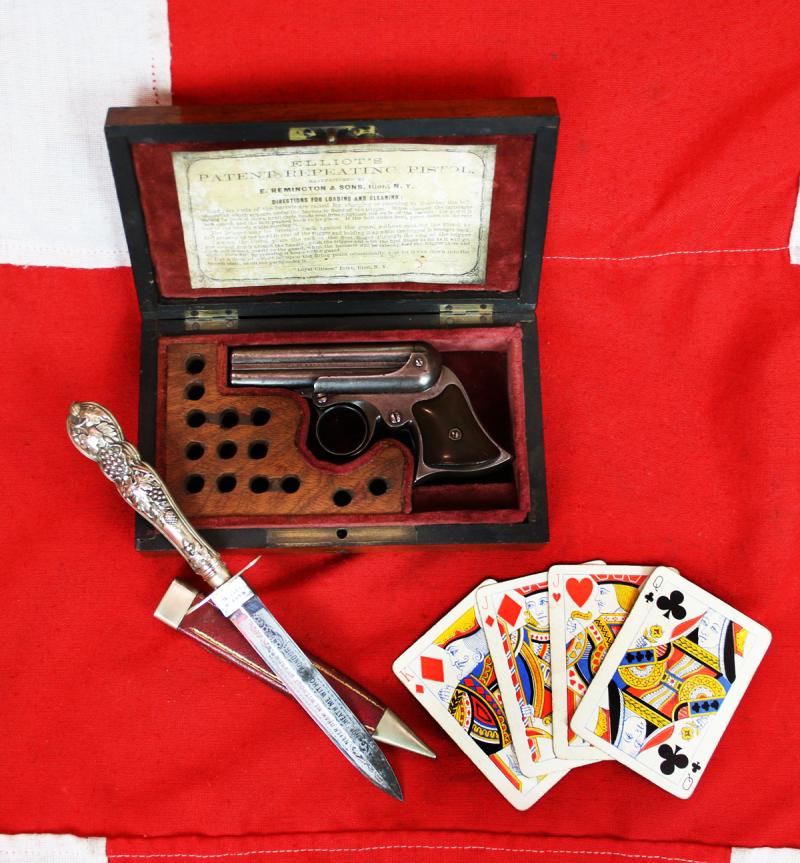 A Simply Superb. Antique, Wild West, Original .32 rimfire Remington Elliot 1860-61 patent, Cased Four-Barrelled Derringer Pistol. As Good If Not Better Than Any Seen In American Wild West Museums. Cased by T Underhill of Manchester