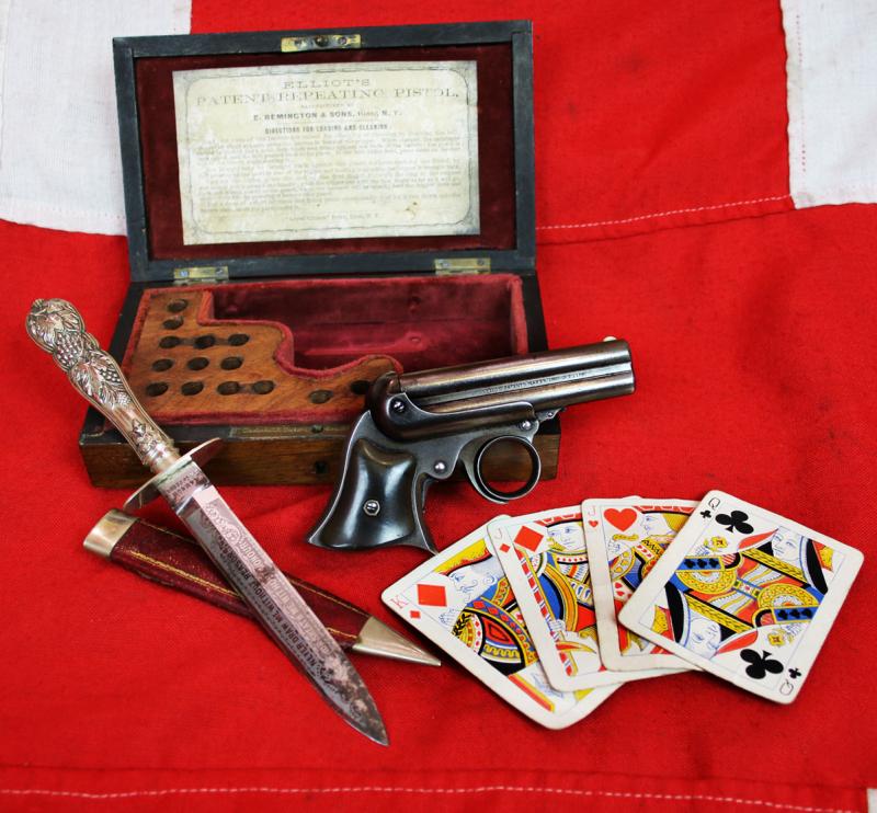 A Simply Superb. Antique, Wild West, Original .32 rimfire Remington Elliot 1860-61 patent, Cased Four-Barrelled Derringer Pistol. As Good If Not Better Than Any Seen In American Wild West Museums. Cased by T Underhill of Manchester