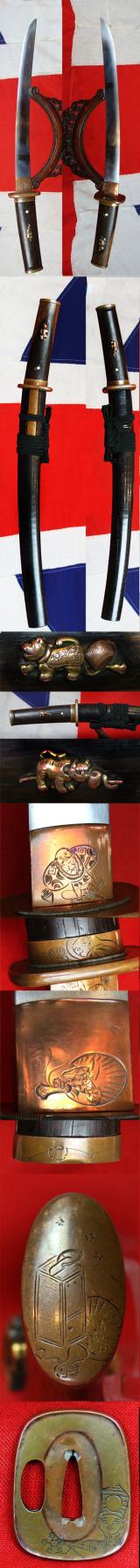 A Beautiful Shinto Samurai Folklore Tanto Circa 1600 With An Intriguing Suite Of Patinated Copper Koshirae Engraved With Samurai, Turtle, Human Faced Octopus, Lamp with Fan, & A Cricket Upon A Fan,