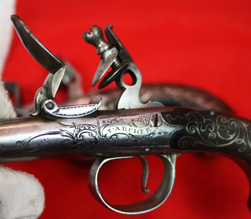 Absolutely Beautiful & Captivating Pair Of American Revolution Period 18th Century 'Queen Anne' Cannon Barrel Pistols with Silver Inlays & Solid Silver Grotesque Mask Butt Caps. Near Identical To Another Recovered From a Shipwreck off The Florida Coast