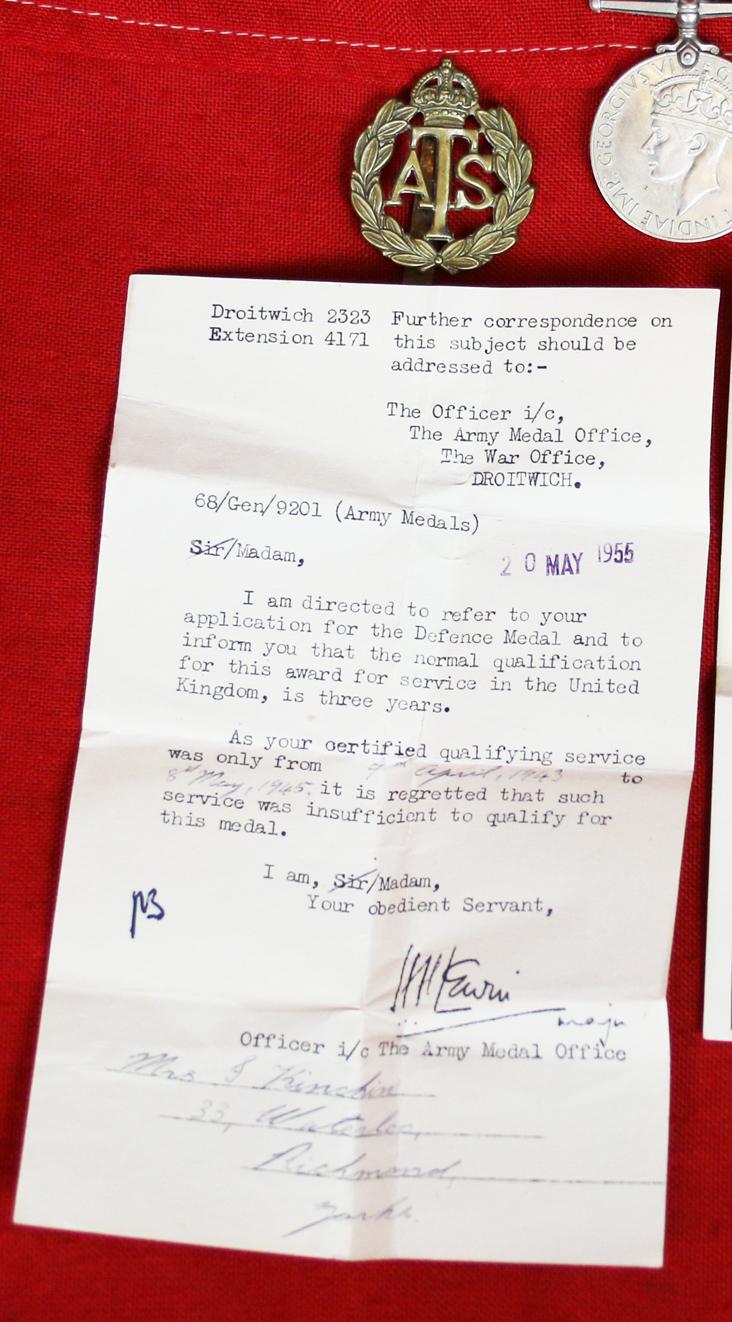 Medal Of Iris Kinchin {nee Armstrong} Former SOE Cypherette in The Far East. With Her Letter From The Medal Department, Medal Issue Box, Silver Enamel Ring and Badge.