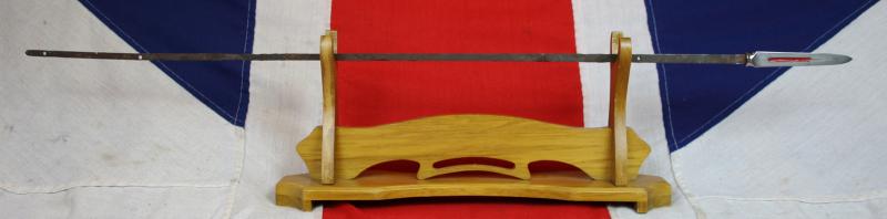 A Shinto Horseman's Yari Long Spear Blade By Kunitomo Minamoto No Masahisa Circa 1660 to 1680. in Superb Condition with fine Suguha Hamon, and Three, Horimono Cut Bo-Hi {Fullers} Decorated with Red Lacquer