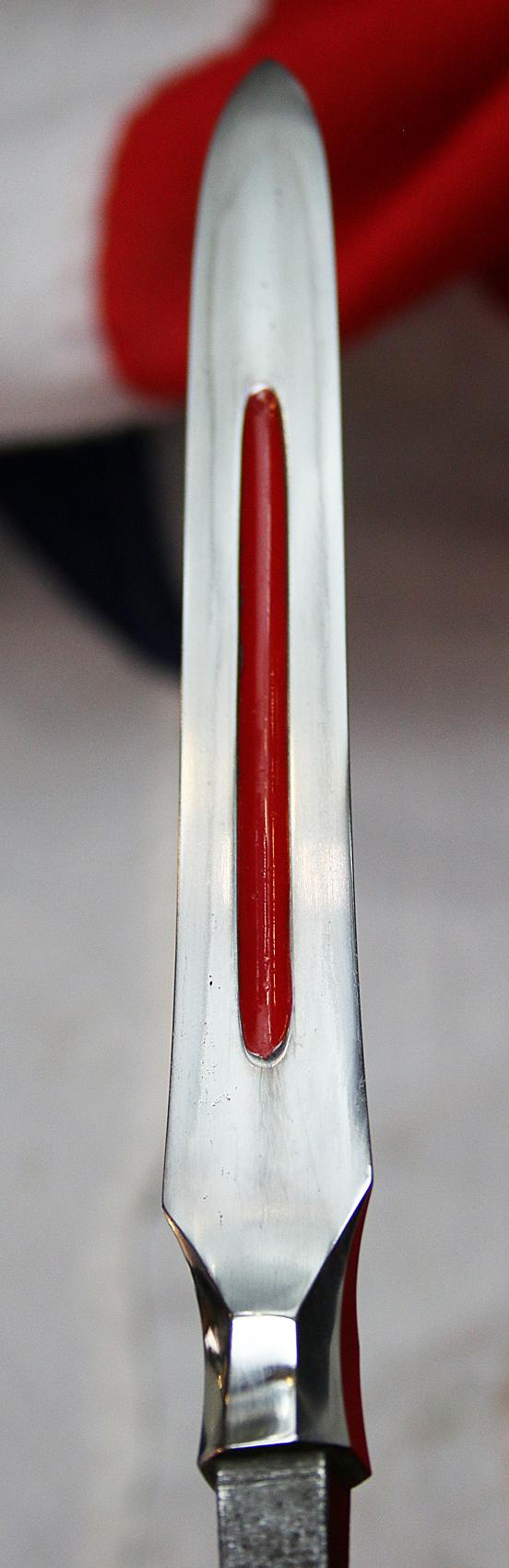 A Shinto Horseman's Yari Long Spear Blade By Kunitomo Minamoto No Masahisa Circa 1660 to 1680. in Superb Condition with fine Suguha Hamon, and Three, Horimono Cut Bo-Hi {Fullers} Decorated with Red Lacquer