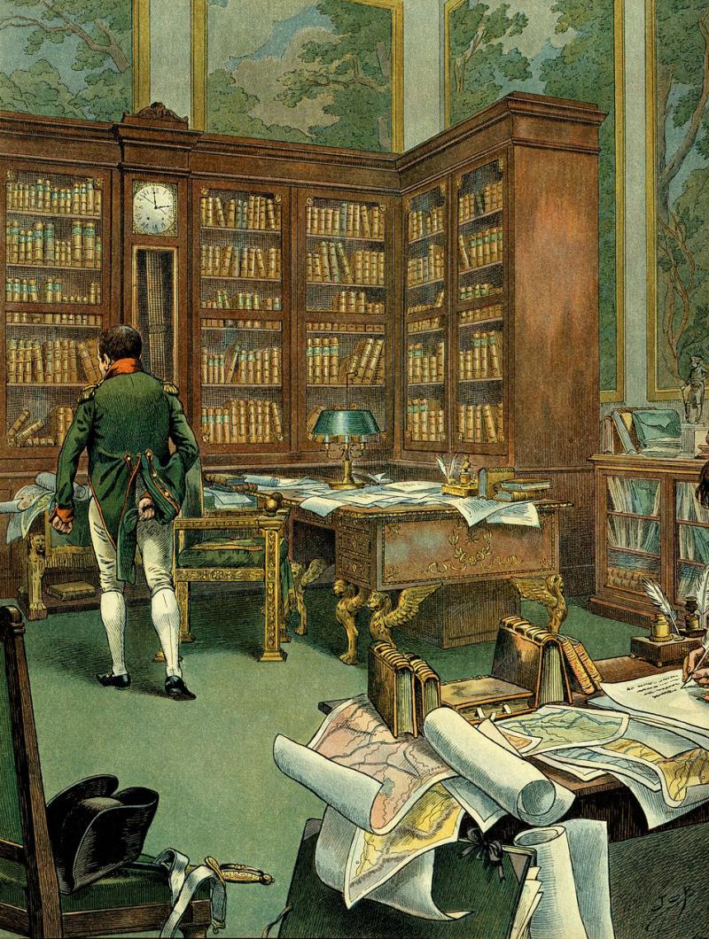 An Absolutely Stunning Napoleonic Ist Empire Mercurial Gilt Library Clock From Paris, Circa 1804, Depicting the Bust of Roman Poet Ovid (Publius Ovidius Naso) Atop A Library Bookcase In Napoleon's Working Cabinet, in The Tuileries Palace
