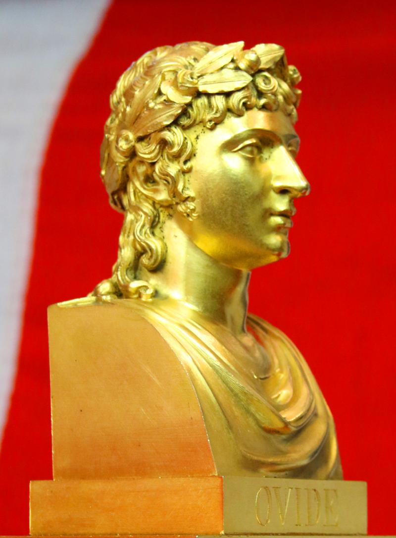 An Absolutely Stunning Napoleonic Ist Empire Mercurial Gilt Library Clock From Paris, Circa 1804, Depicting the Bust of Roman Poet Ovid (Publius Ovidius Naso) As A Youth, Atop A Library Bookcase In Napoleon's Working Cabinet, in The Tuileries Palace