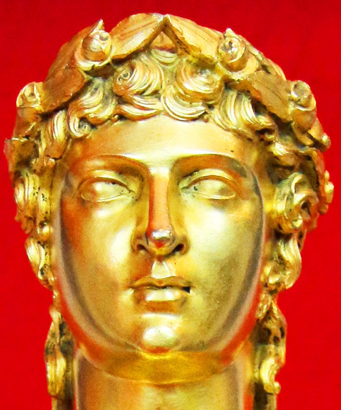 An Absolutely Stunning Napoleonic Ist Empire Mercurial Gilt Library Clock From Paris, Circa 1804, Depicting the Bust of Roman Poet Ovid (Publius Ovidius Naso) As A Youth, Atop A Library Bookcase In Napoleon's Working Cabinet, in The Tuileries Palace