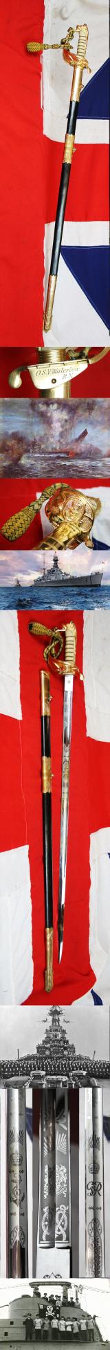 Royal Naval Officer's Sword of a Lt. Former Officer of 'The Mighty Hood', Battlecruiser, HMS Hood. For 20 Years The Largest Warship In the World Tragically Sunk by the German Battleship Bismark May 1941. With The Loss of 1415 Crew