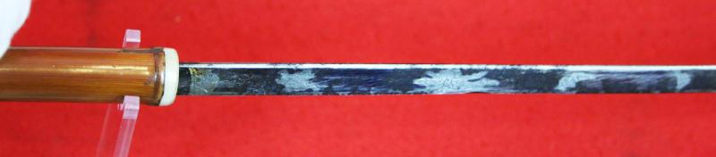 A Fine, Original, 19th Century Antique, King George IIIrd Carved Hound's Head Long Bladed Swordstick. Carved Ivory Head & Blue and Gilt Finely Engraved Steel Blade. Bamboo Wood