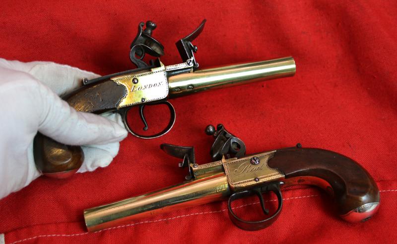A Superb Pair of 18th Century Naval Ship Captain's Pistols, Dated 1783, with All Brass Frames and Barrels and Hallmarked Silver Buttcaps. By Master Gunsmith John Rea of London