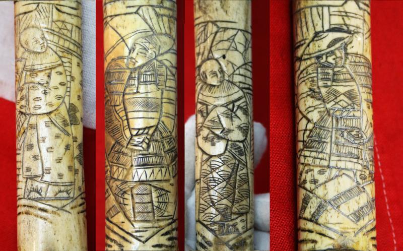 A Late 19th Century Most Attractive Hand Carved Japanese Samurai Style Export Sword From the Late Edo to Taisho Period. Decorated Throughout With Takebori Carved Figures of Armoured Samurai & Nobles In Court Dress