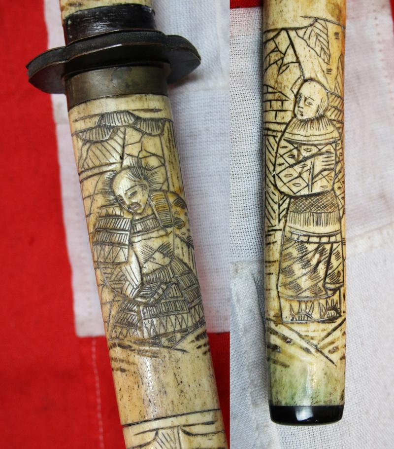 A Late 19th Century Most Attractive Hand Carved Japanese Samurai Style Export Sword From the Late Edo to Taisho Period. Decorated Throughout With Takebori Carved Figures of Armoured Samurai & Nobles In Court Dress